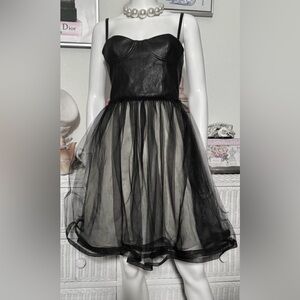 Alice + Olivia Mini Dress Black Sheer Tulle & Leather with Silk Lining Size S